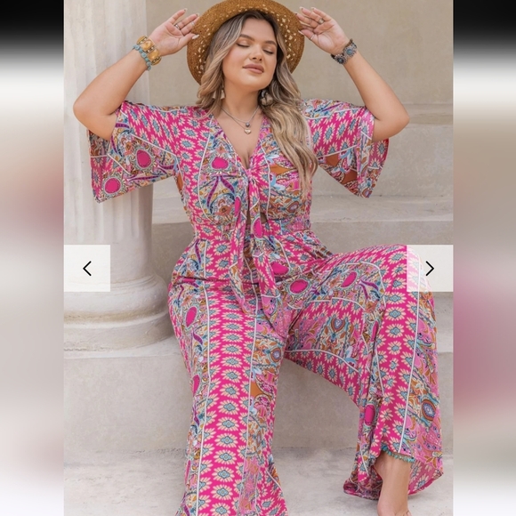 Rusttydustty Pants - Rusttydustty 1X Deep Rose Printed Jumpsuit Wide Leg Tied Bodice Ca-1888